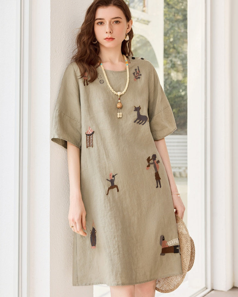 Linen Hand-Embroidered Simple Style Dress