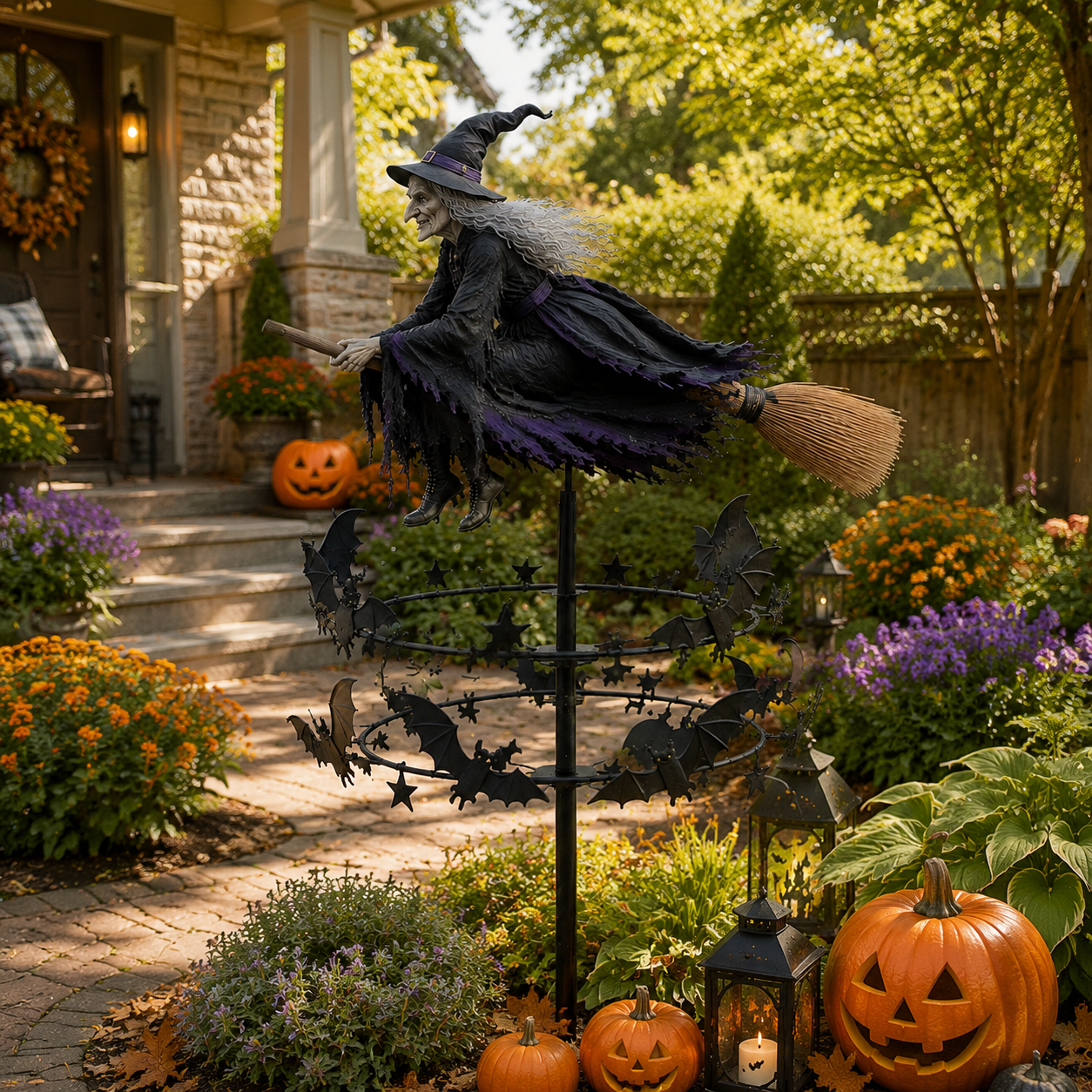 🧙♀️ Flying Witch & Bats Garden Wind Spinner