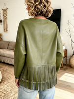 Trendy Olive Green Fringe Faux Leather Jacket F