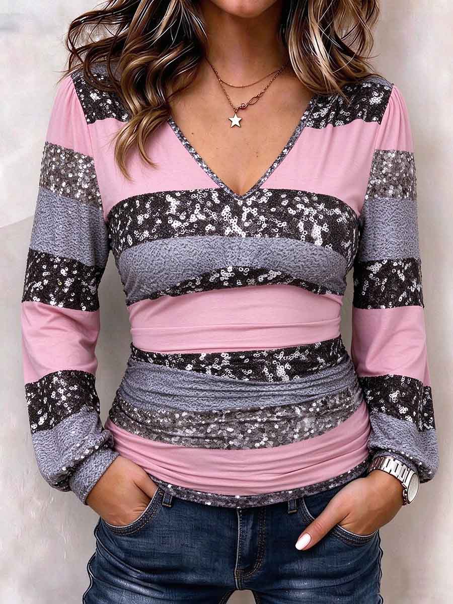 Women's V-Neck Color Block Striped Sequin Long Sleeve Top.