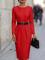 Women's Solid-color Crew Neck Long-sleeve Casual Slim-fit Dress(belt Not Included)