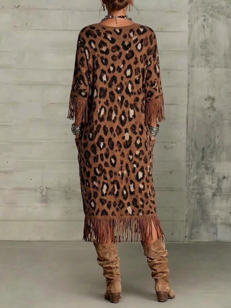 Leopard-print Loose-fit Knitted Dress With Tassels