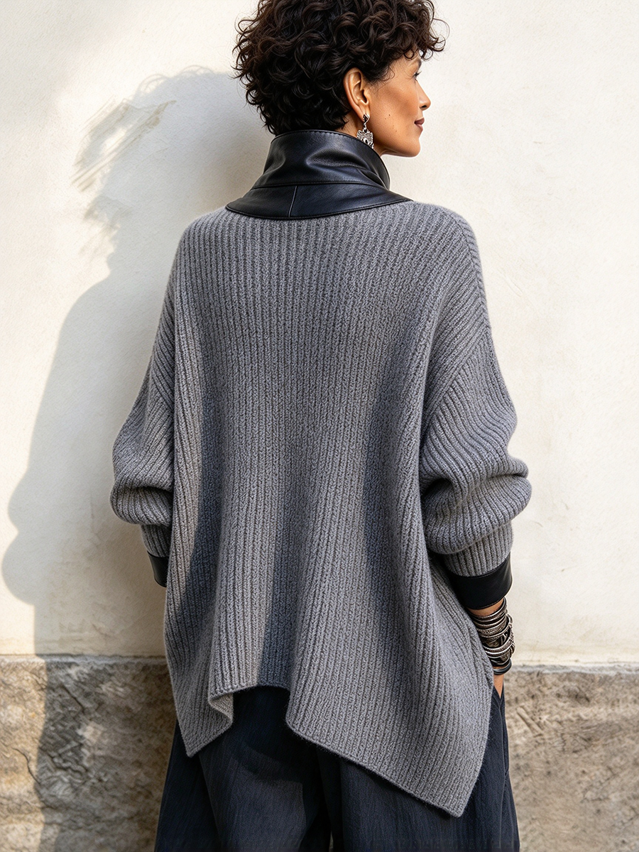 Cozy Stylish Faux Leather Knit Cardigan Jacket