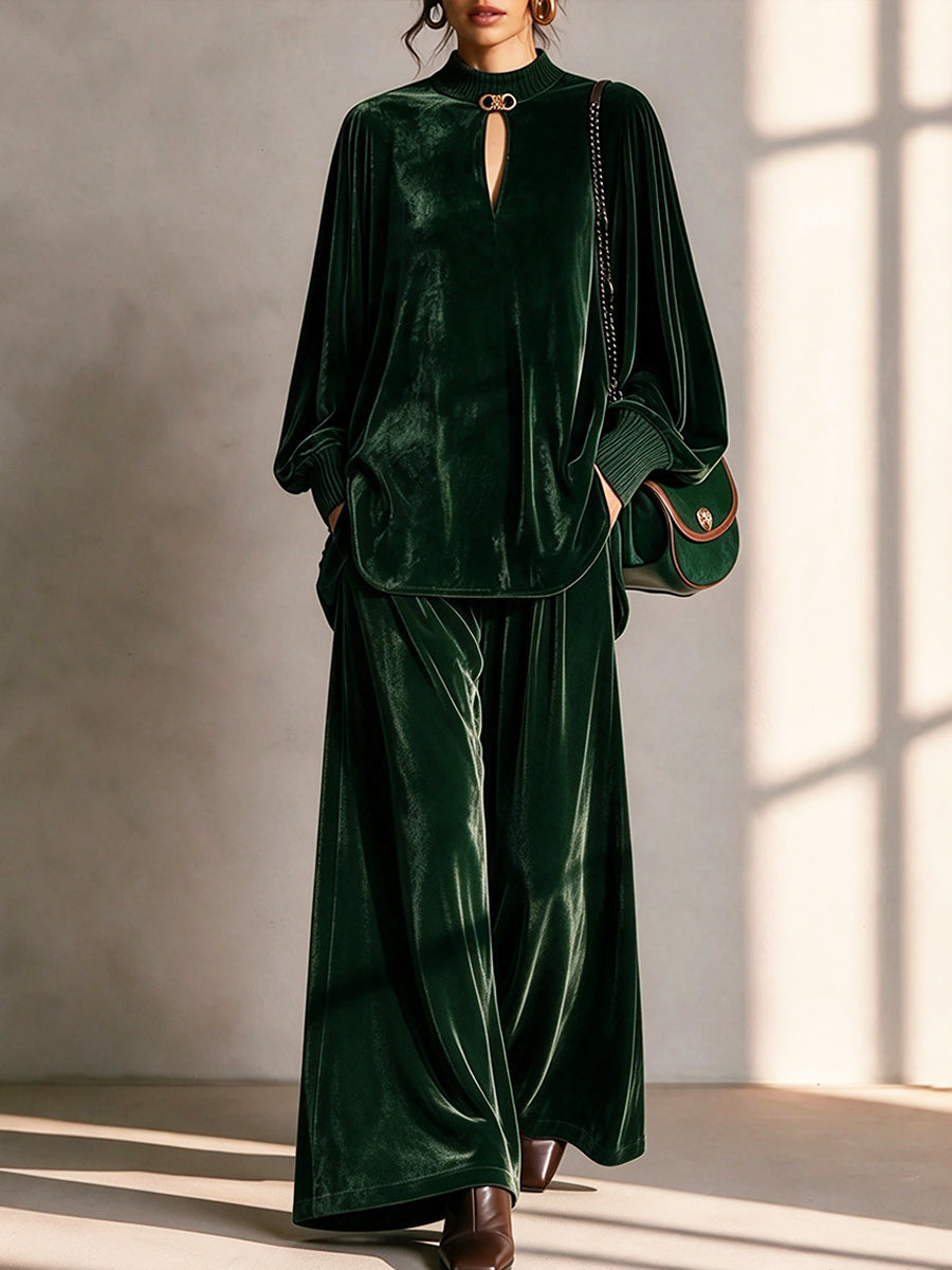 Vintage-style Dark Green Velvet Two-piece Set (top And Wide-leg Trousers)