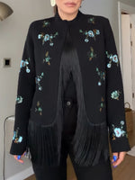 Chic Black Floral-print Jacket With Fringe
