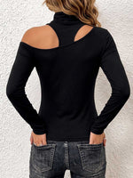Women's Solid-color Turtleneck Cut-out Long-sleeve Loose Casual Top