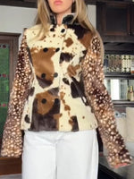 Chic Faux Fur Patchwork Jacket With Cow And Deer Prints