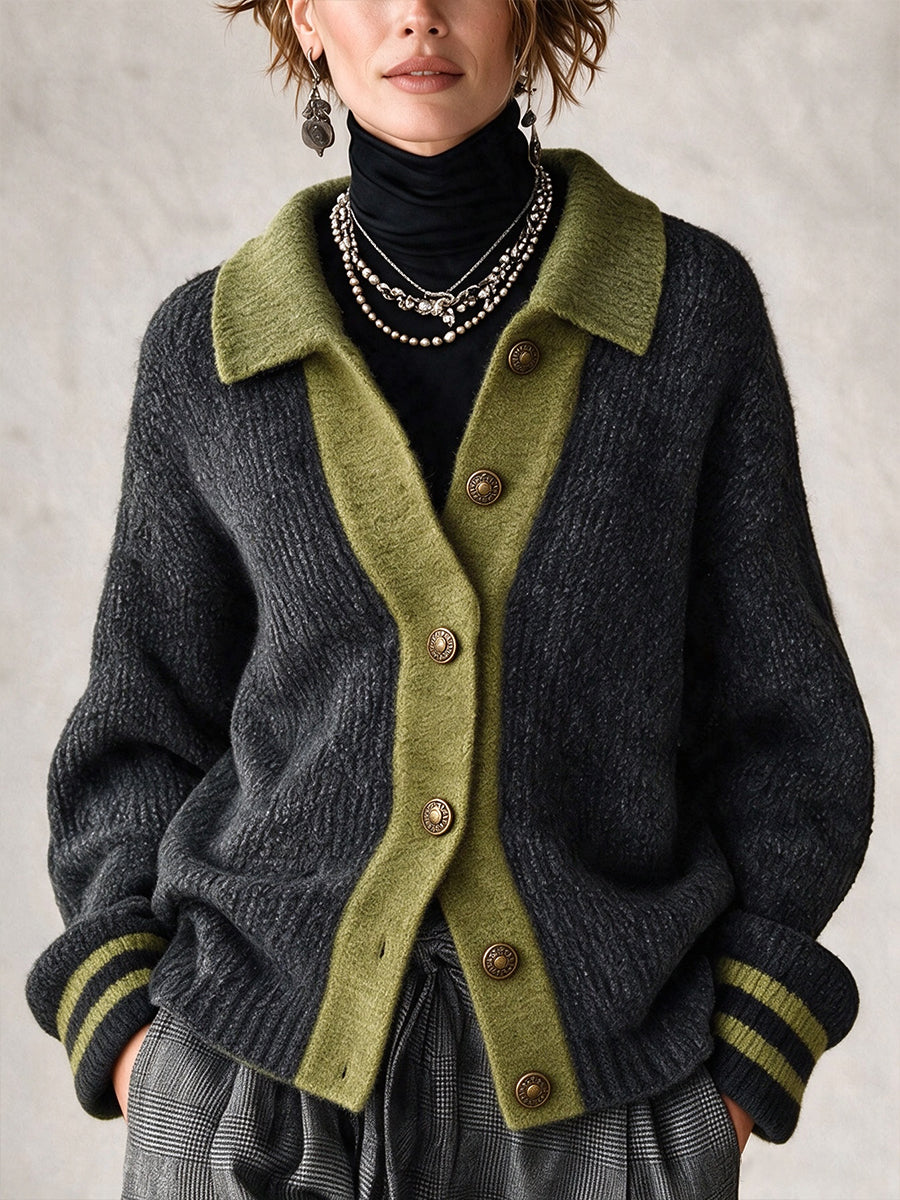 Chic Color-block Collared Knit Cardigan