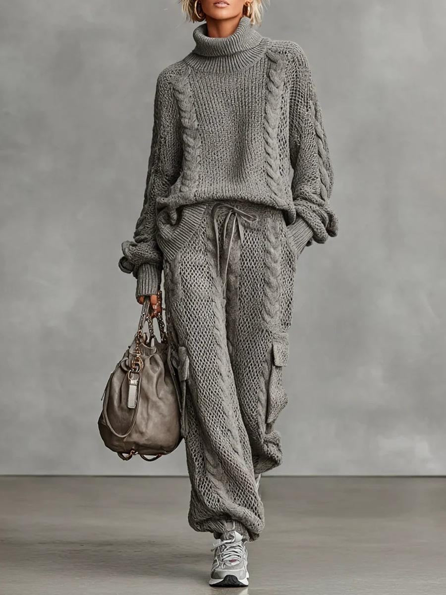 Gray Chunky Turtleneck Sweater And Mesh Cargo Pants Set