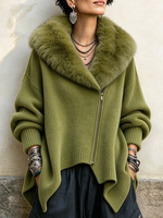 Casual Faux Fur Collar Asymmetrical Knit Coat