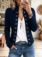 Navy Blue Military-Style Metal Button Knit Jacket
