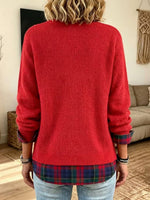 Waffle-knit Faux-layered Plaid-panel Crewneck Sweatshirt