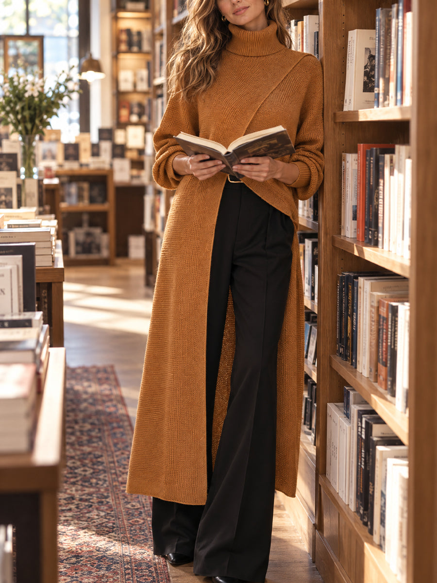 Chic Long-line Knit Top With A Wrap-style High Neck