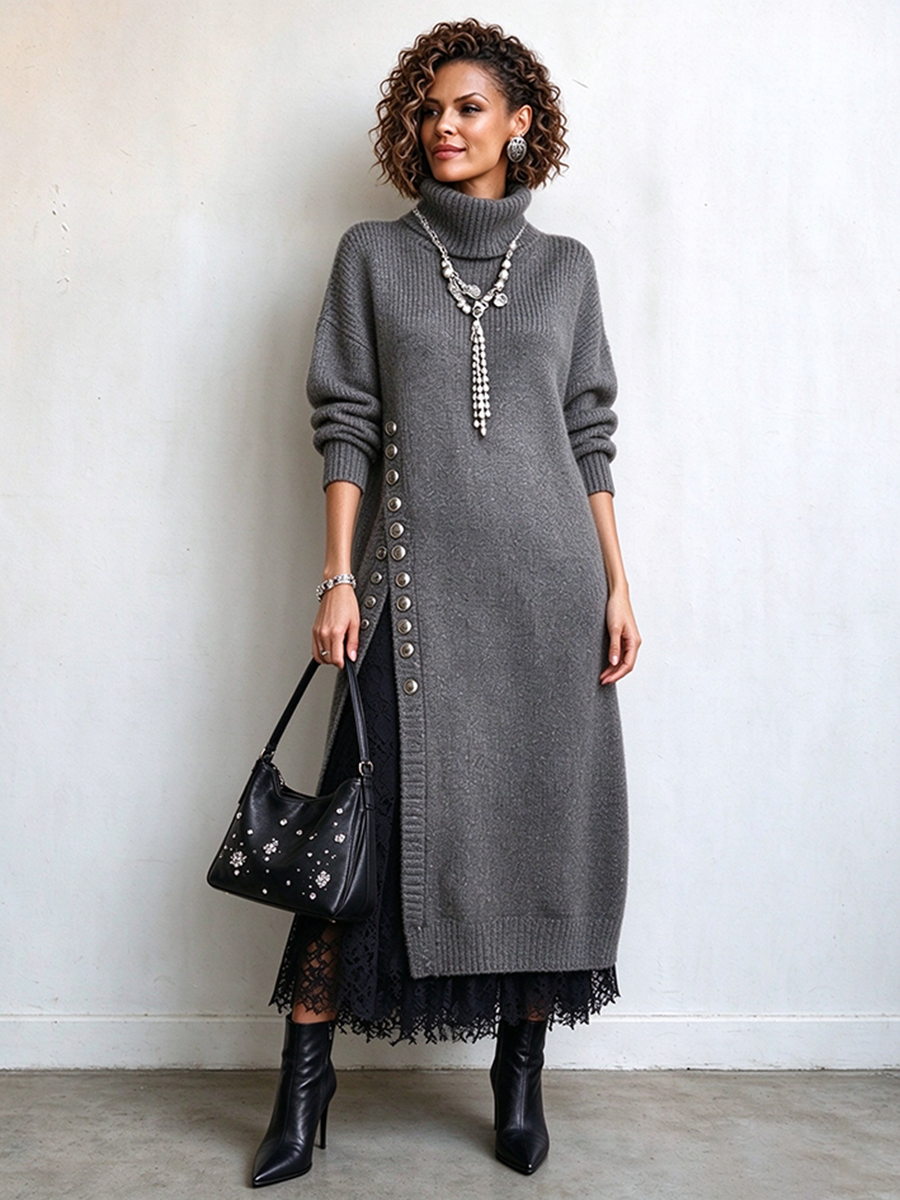 Asymmetric Side-button Turtleneck Cozy Midi Sweater Dress