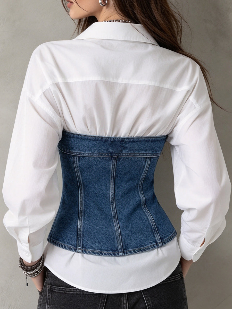Chic Denim-paneled "faux-layered" Top