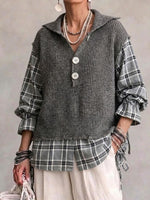 Collared Knit Top With Plaid Paneling (faux-layered Style)