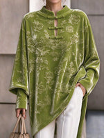 Olive Green Floral Embossed Velvet Tunic with Mandarin Collar and Frog Closures