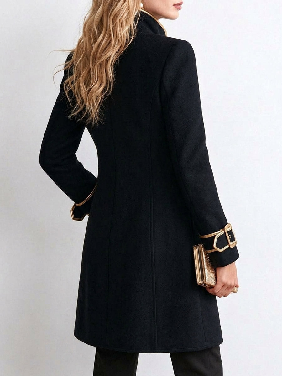 Women's Military Style Long Black Coat with Gold Trim.