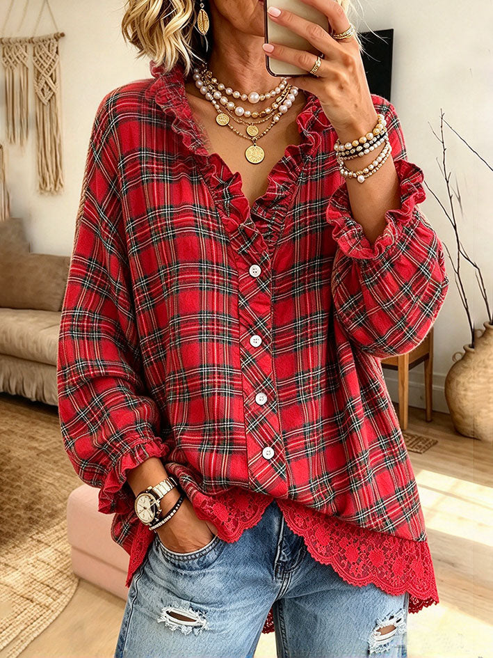 Casual Ruffled V-neckline Plaid Lace-trim Cozy Blouse