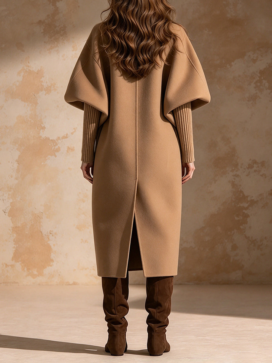 Chic, Elegant Camel-colored Wool Wrap Coat