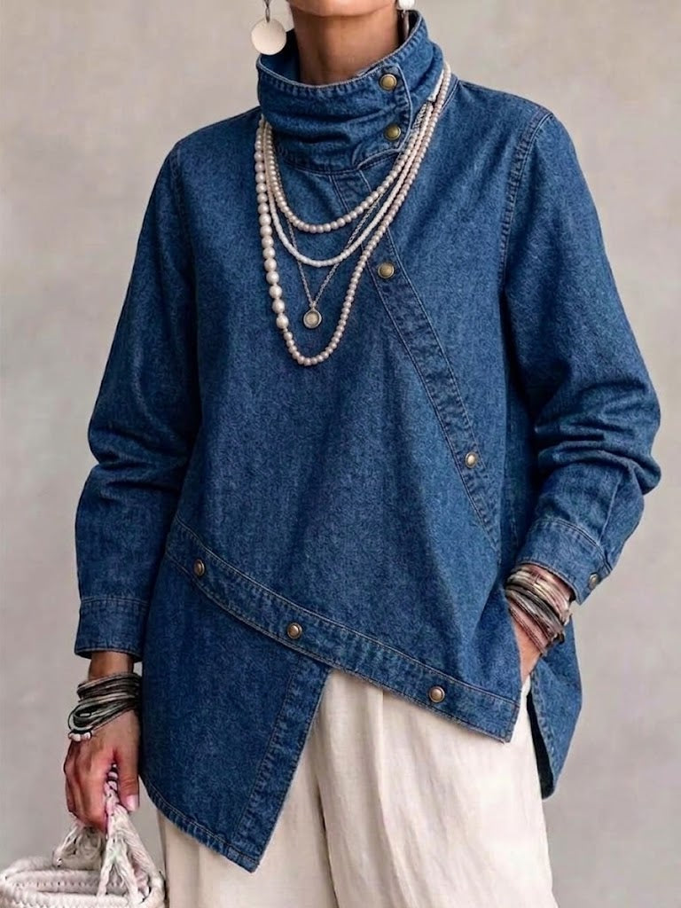 Asymmetrical Denim Top With A Stand Collar And Diagonal Placket