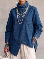 Asymmetrical Denim Top With A Stand Collar And Diagonal Placket