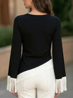Boat Neck Contrast Tassel Asymmetric Hem Long Sleeve Blouse