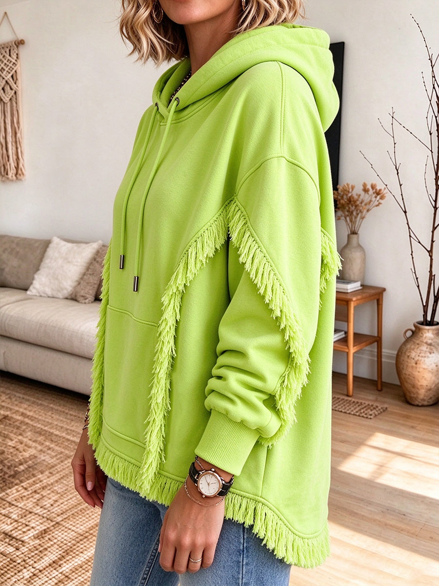 Oversized, Casual, Neon-green Hooded Sweatshirt With Fringe Detailing