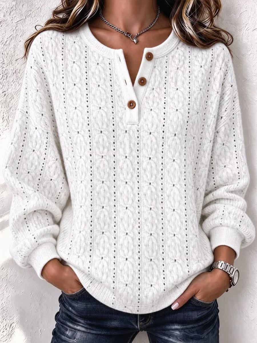 Women's Pointelle Knit Henley Sweater With Button Placket