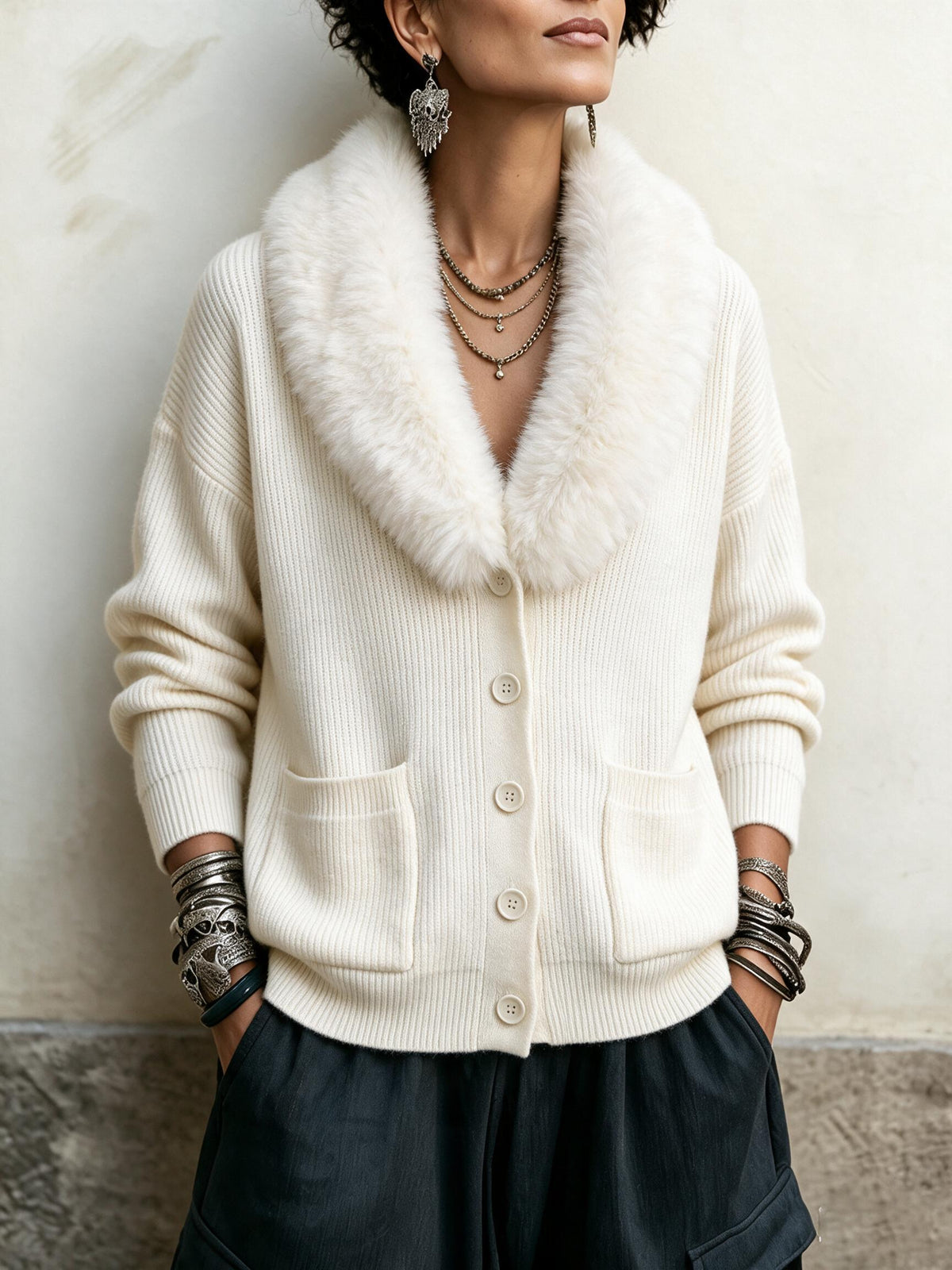 Vintage Faux Fur Collar Grey Knit Cardigan with Pockets