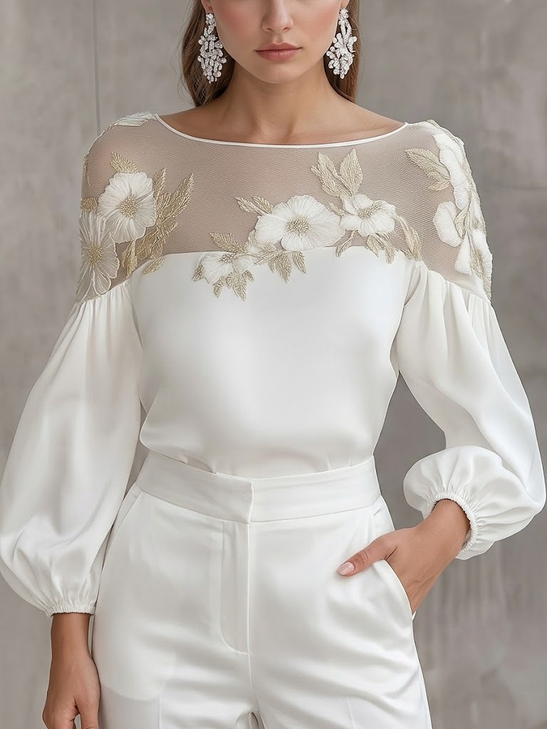 Satin Off-shoulder Lantern-sleeve Top With Mesh Appliqué