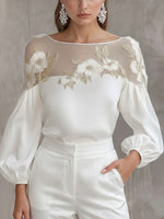 Satin Off-shoulder Lantern-sleeve Top With Mesh Appliqué