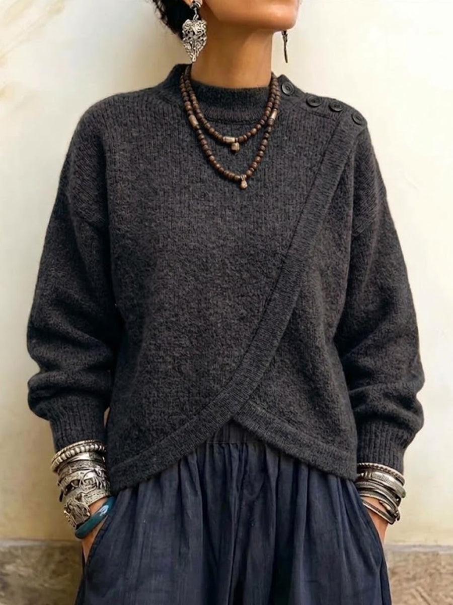 Knitted Sweater With An Asymmetrical, Overlapping, Button-fastened Hem