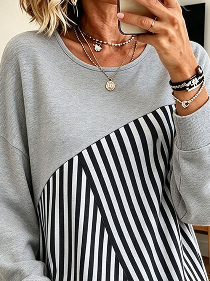 Stylish Grey Striped Patchwork Sweatshirt