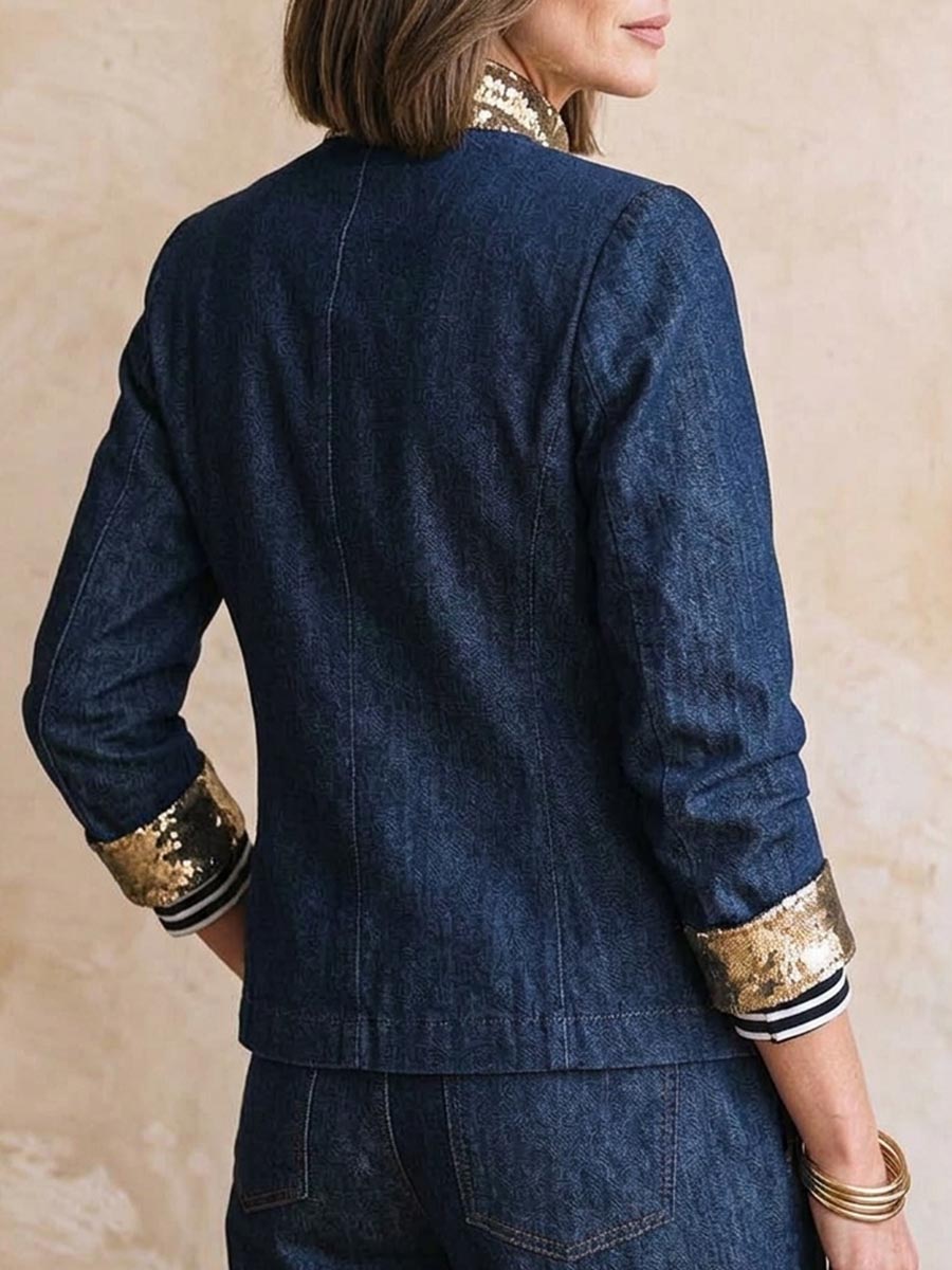Women's Loose-fit Denim Top With Stand Collar, Long Sleeves, And Gold Contrast Trim