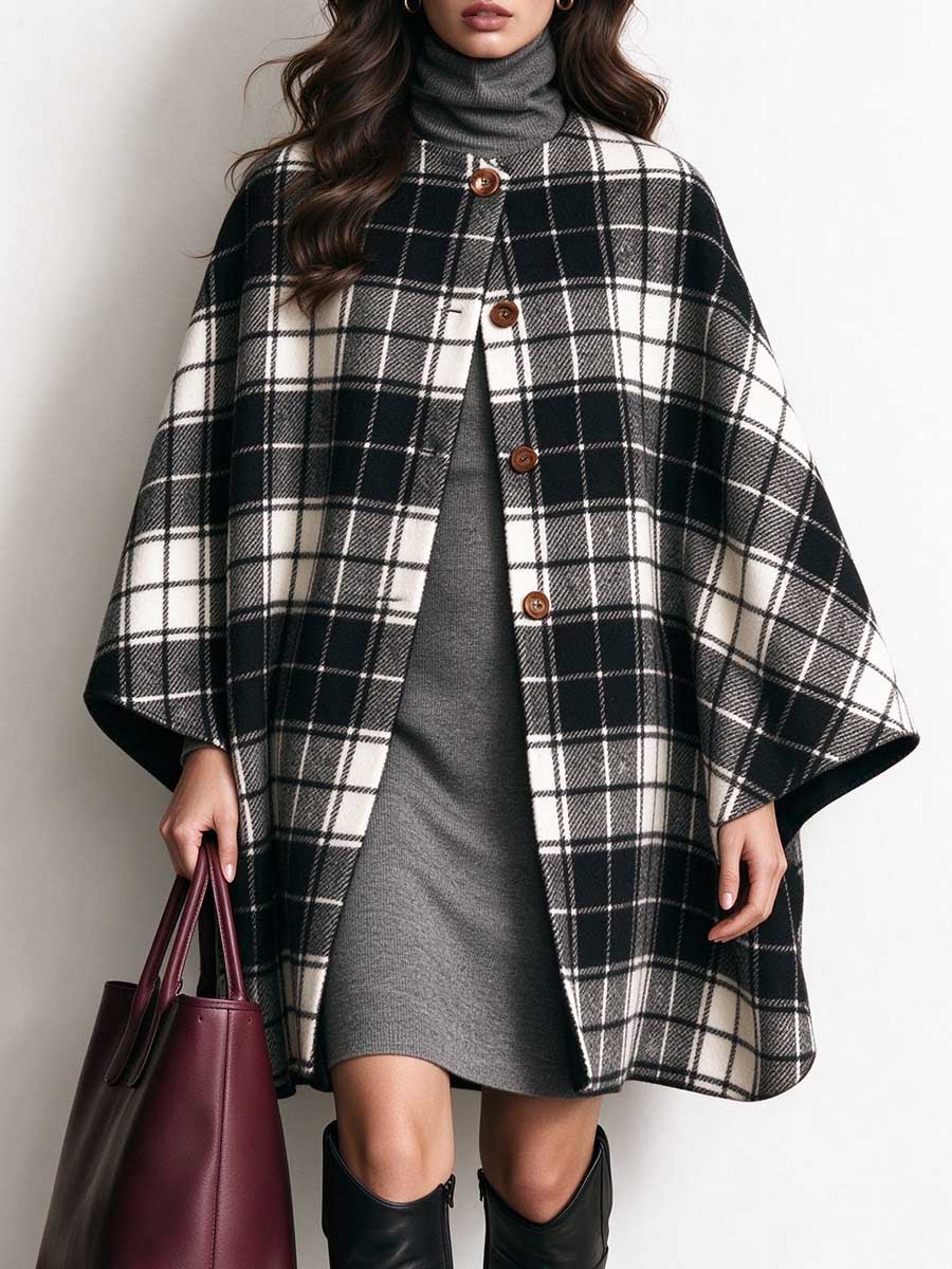 Women's Black and White Plaid Button-Front Cape Coat
