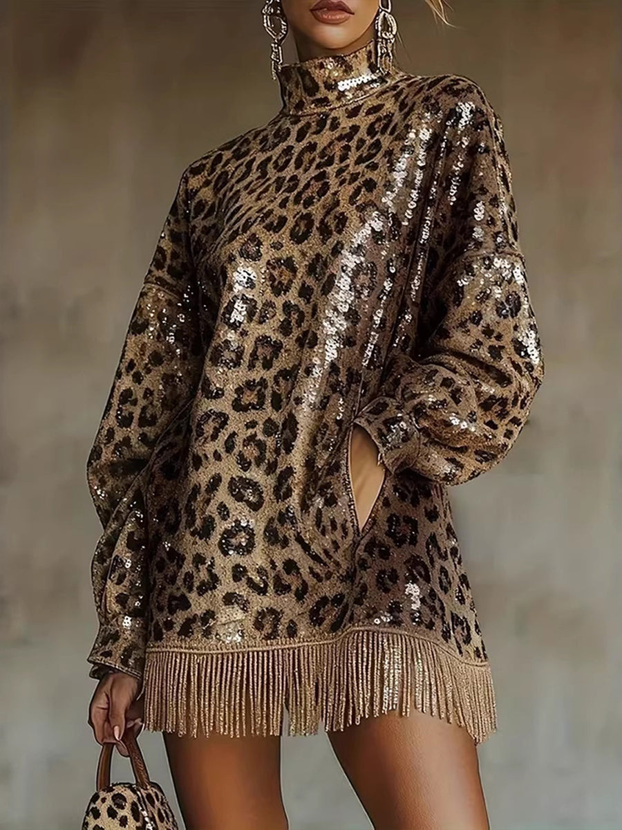 Chic Leopard-print Sequin Fringe Mini Dress