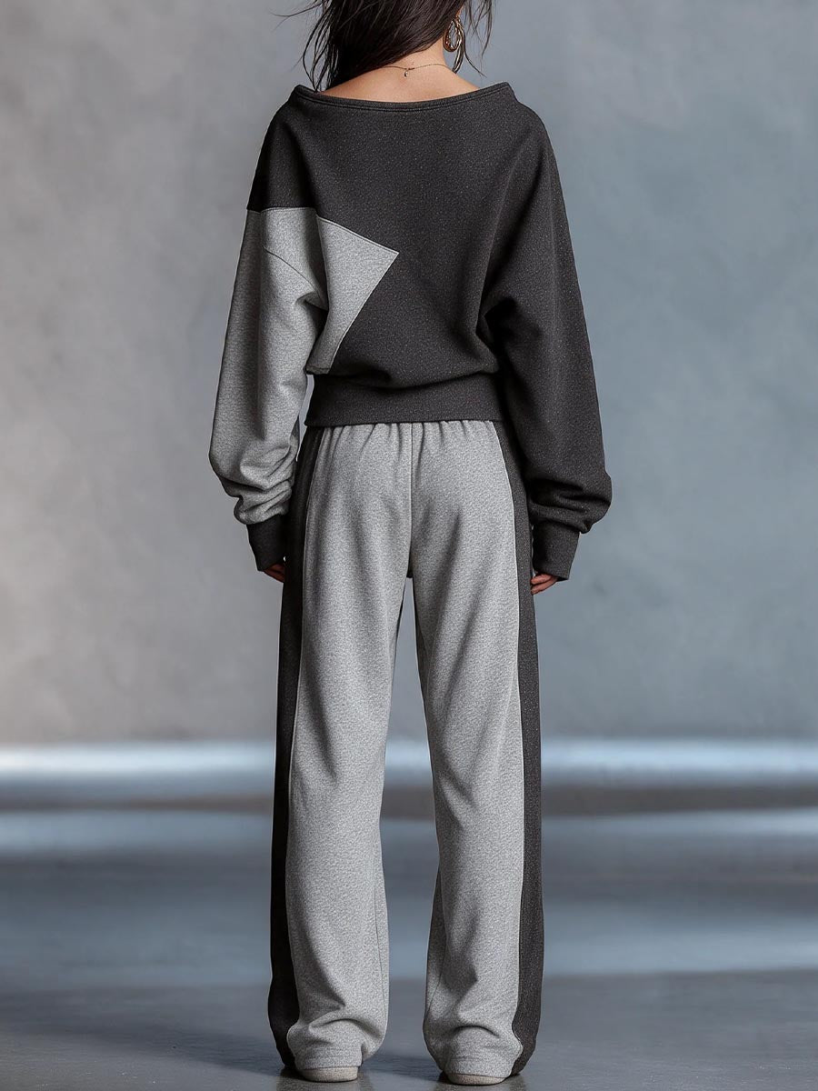 Dark and Light Gray Color-Block V-Neck Lounge Set