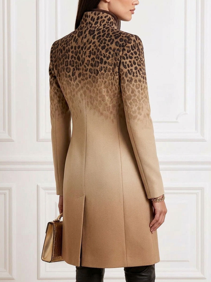 Women's Casual Loose-fit Long-sleeve Jacket With Stand Collar And Ombré Leopard Print