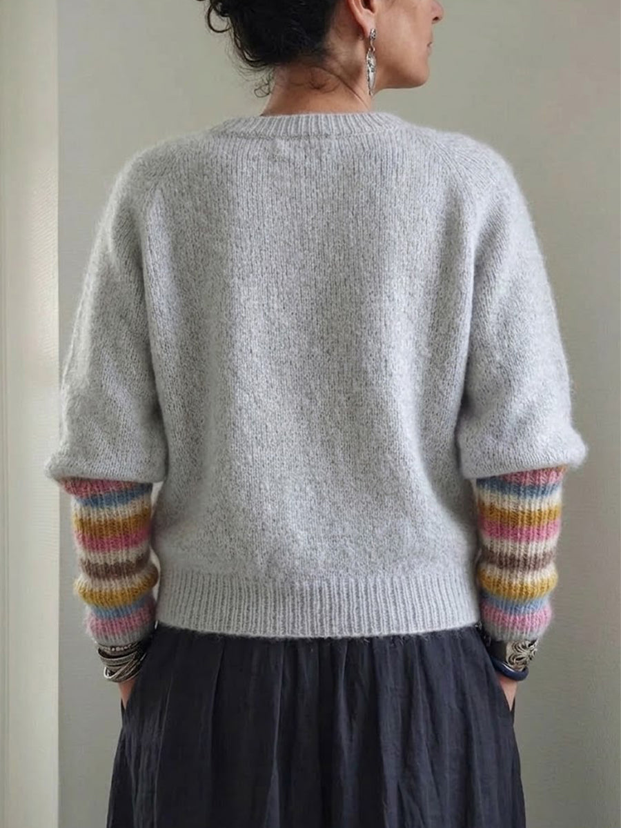 Crew-neck Knit Sweater With Rainbow-striped Cuffs