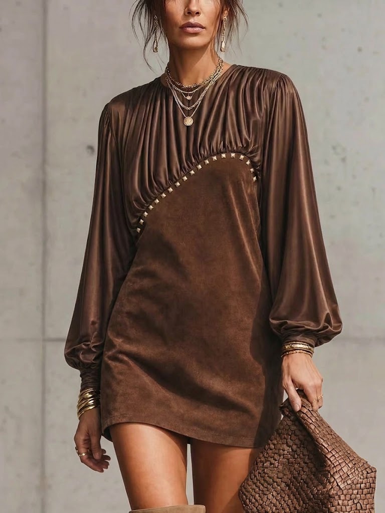 Satin-panelled Faux Suede Studded Long-sleeve Mini Dress
