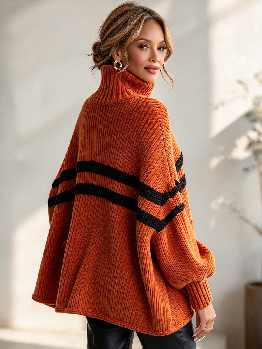 Cozy Chic Orange Turtleneck Striped Oversized Top