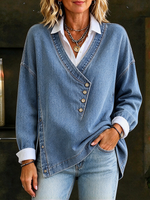 Casual Denim Asymmetric Button Long Sleeve Top