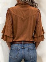 Western Fringe Fux-Suede Button-Down Top
