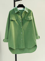 Casual Loose-fit Green Corduroy Shirt
