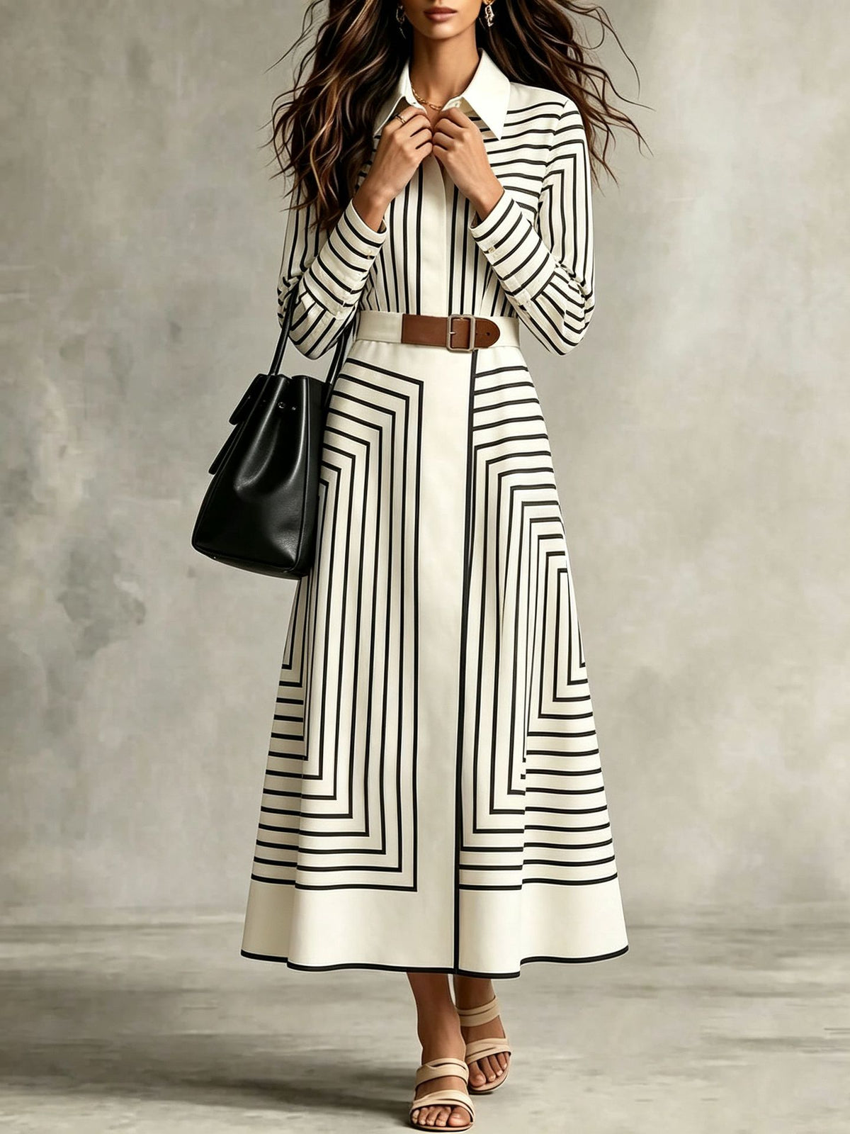 Chic Geometric-striped Button-down Midi Shirt Dress With A Tie-waist
