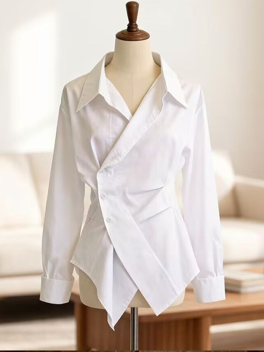 Chic Asymmetric Wrap-style Cotton Shirt