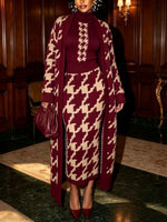 Elegant Burgundy Houndstooth Long Knit Cardigan