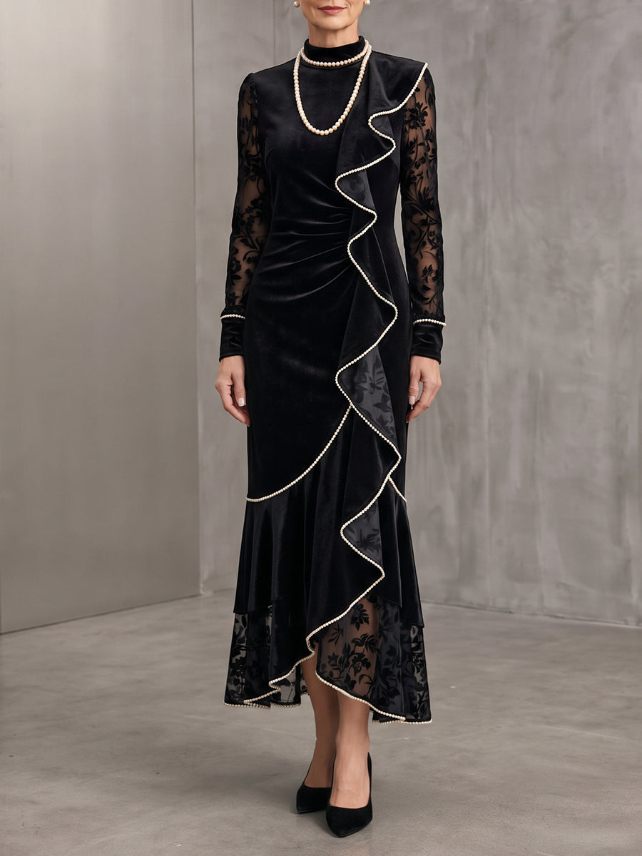 Chic Mock-Neck Velvet & Sheer Velvet Ruffle Midi Dress
