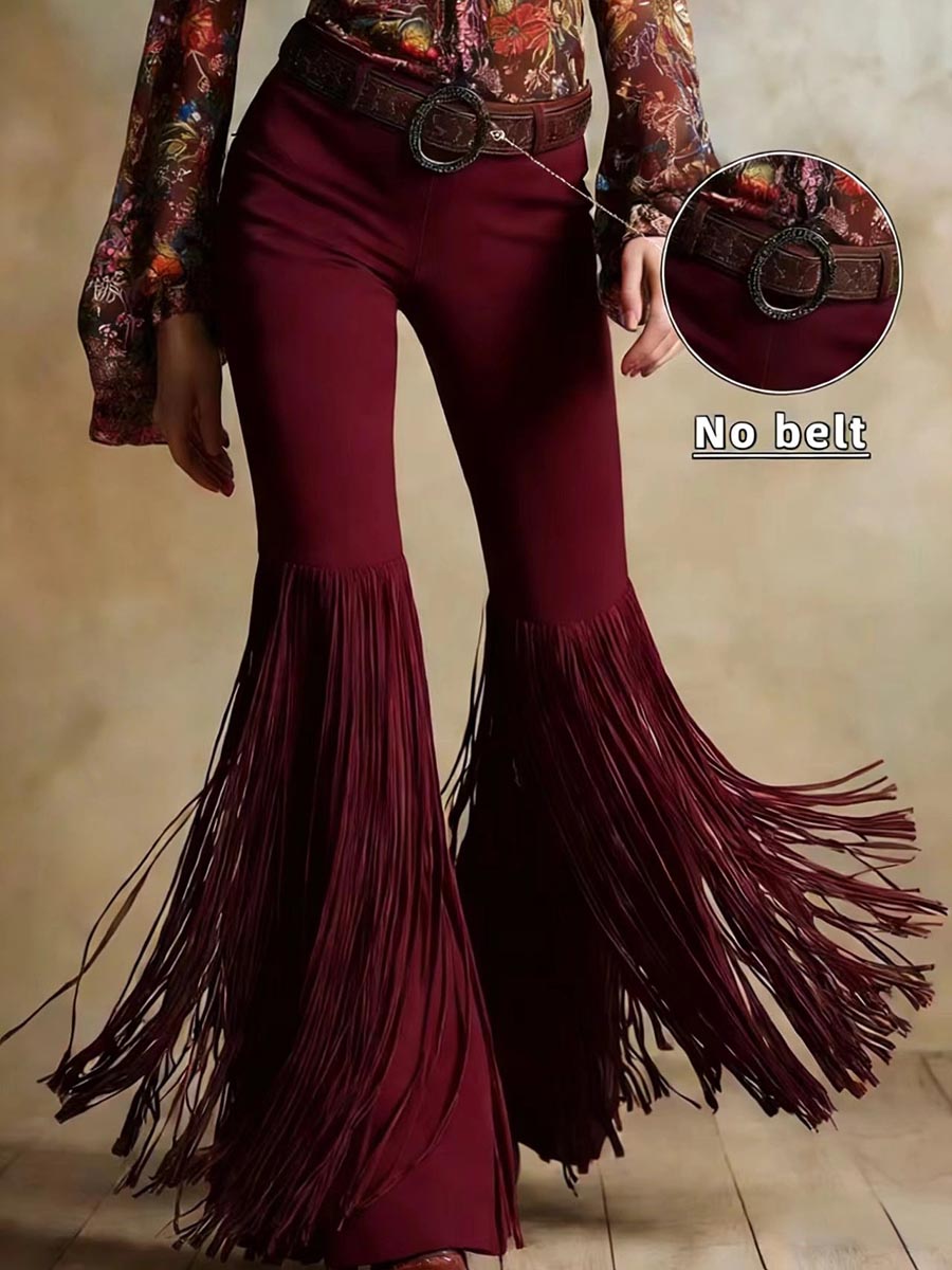 Women's Western Faux Suede Fringe Flare Pants